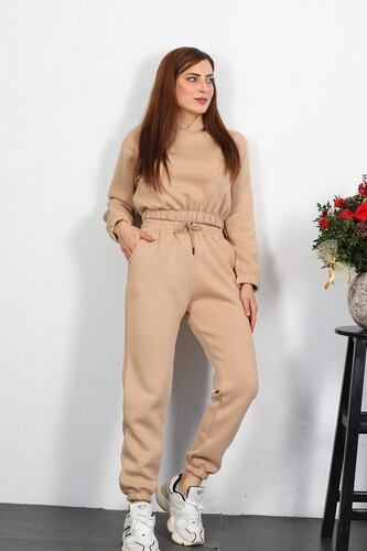 Kapüşonlu Kadın Bej Üç İplik Şardonlu Sweat Takım - 4