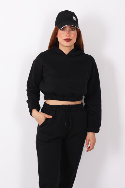 Kapüşonlu Kadın Siyah Üç İplik Şardonlu Sweat Takım - 4