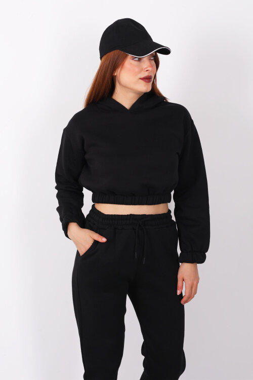 Kapüşonlu Kadın Siyah Üç İplik Şardonlu Sweat Takım - Berox