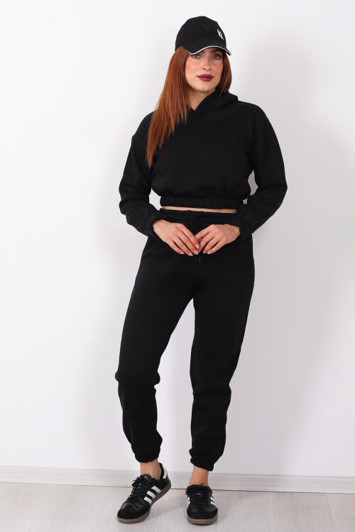 Kapüşonlu Kadın Siyah Üç İplik Şardonlu Sweat Takım - 5