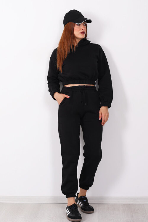 Kapüşonlu Kadın Siyah Üç İplik Şardonlu Sweat Takım - 3