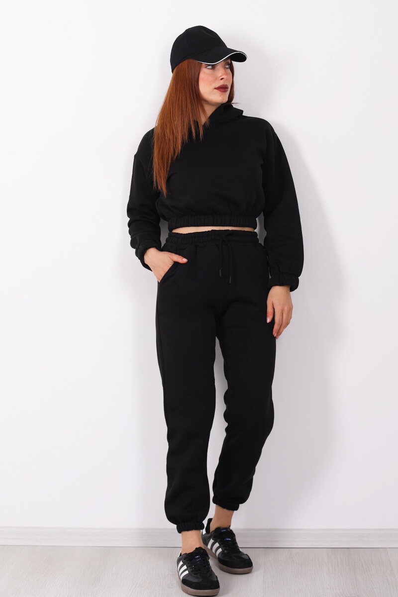 Kapüşonlu Kadın Siyah Üç İplik Şardonlu Sweat Takım - 3