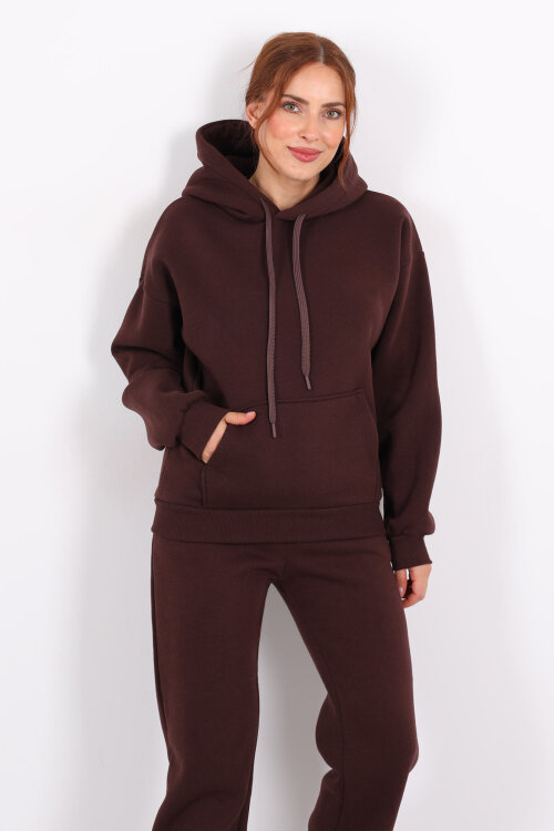 Kapüşonlu Kanguru Cepli Acı Kahve Kadın Sweat - 3