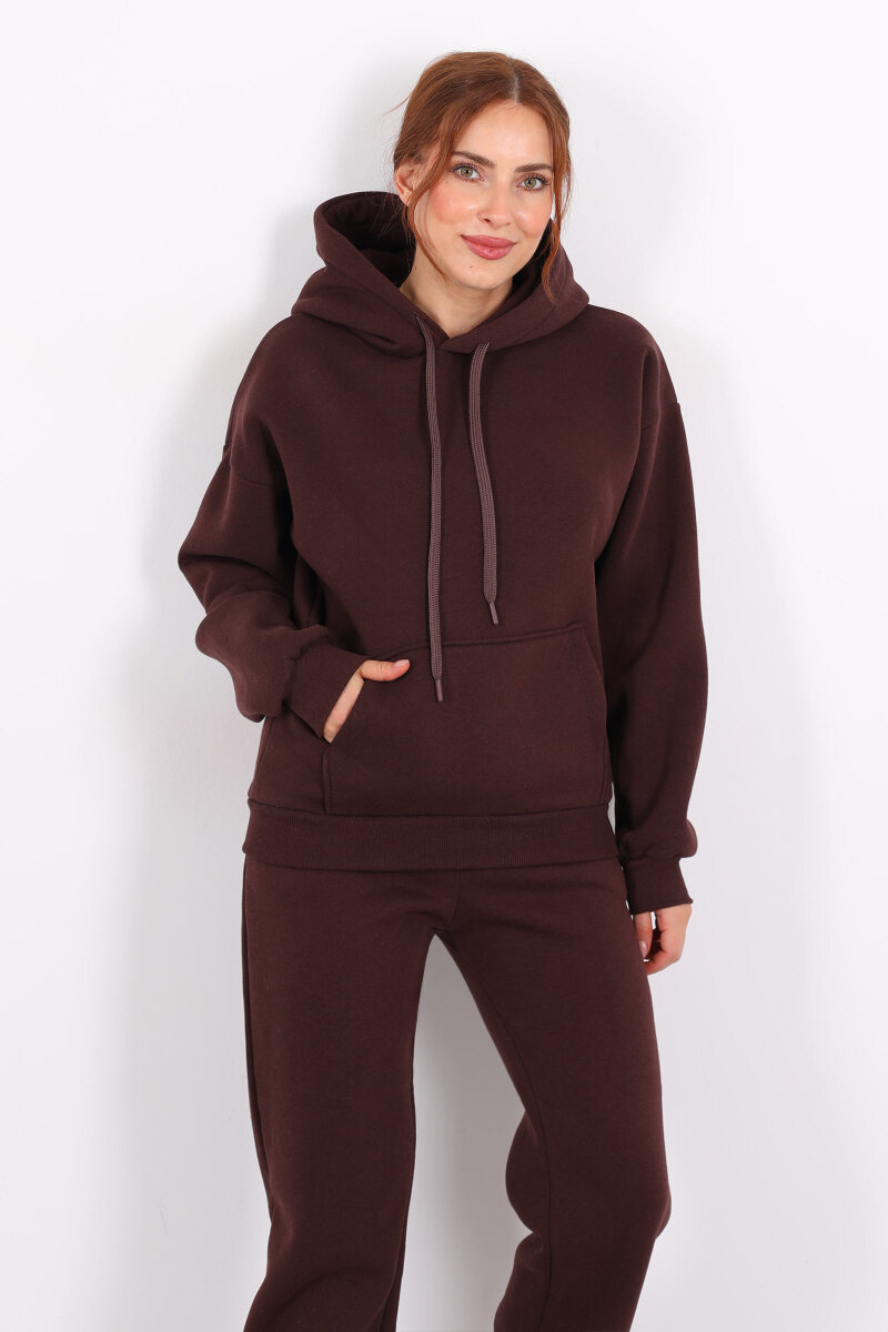 Kapüşonlu Kanguru Cepli Acı Kahve Kadın Sweat - 3