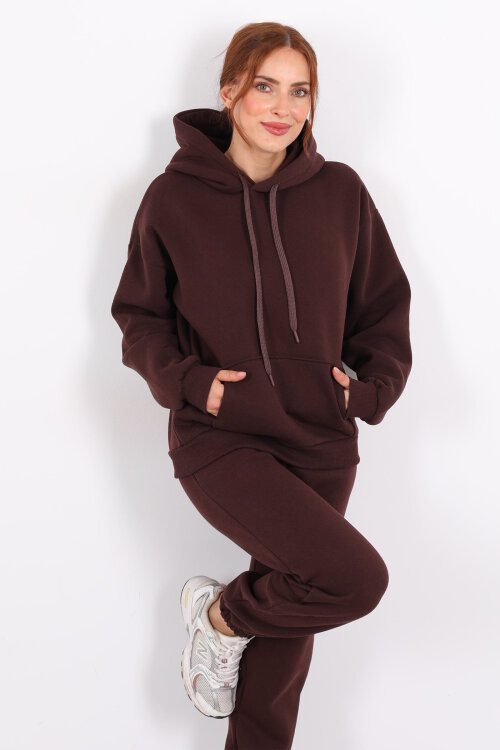 Kapüşonlu Kanguru Cepli Acı Kahve Kadın Sweat 