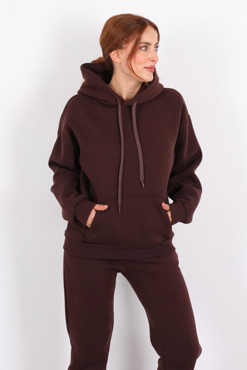Kapüşonlu Kanguru Cepli Acı Kahve Kadın Sweat - 4