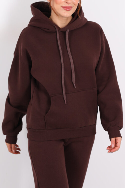 Kapüşonlu Kanguru Cepli Acı Kahve Kadın Sweat - Berox (1)
