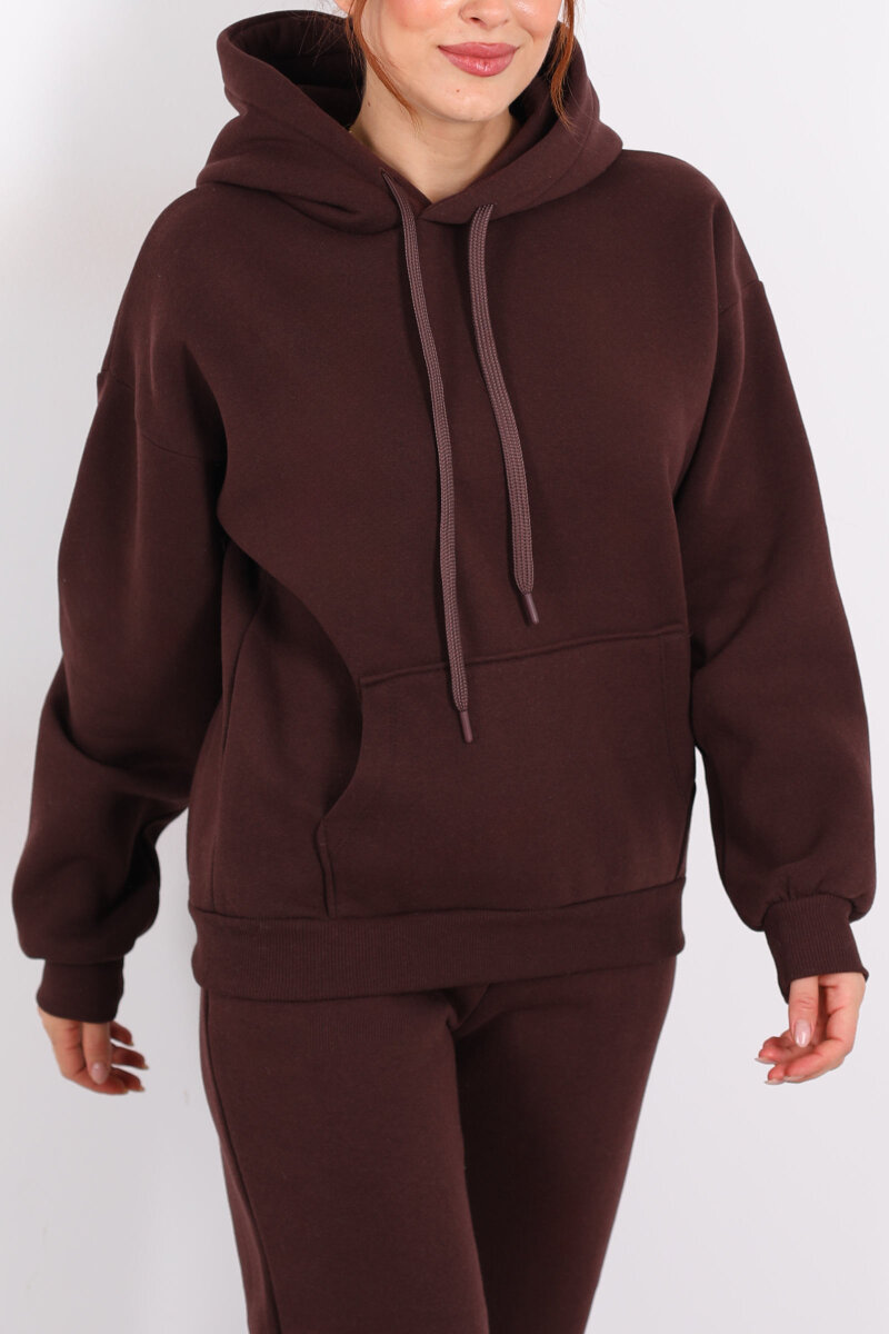 Kapüşonlu Kanguru Cepli Acı Kahve Kadın Sweat - 2