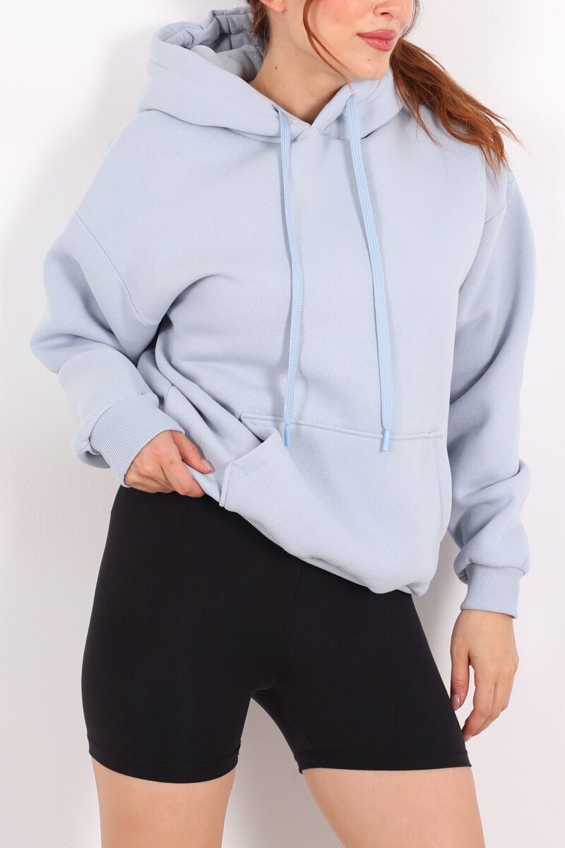 Kapüşonlu Kanguru Cepli Bebe Mavi Kadın Sweat - 2