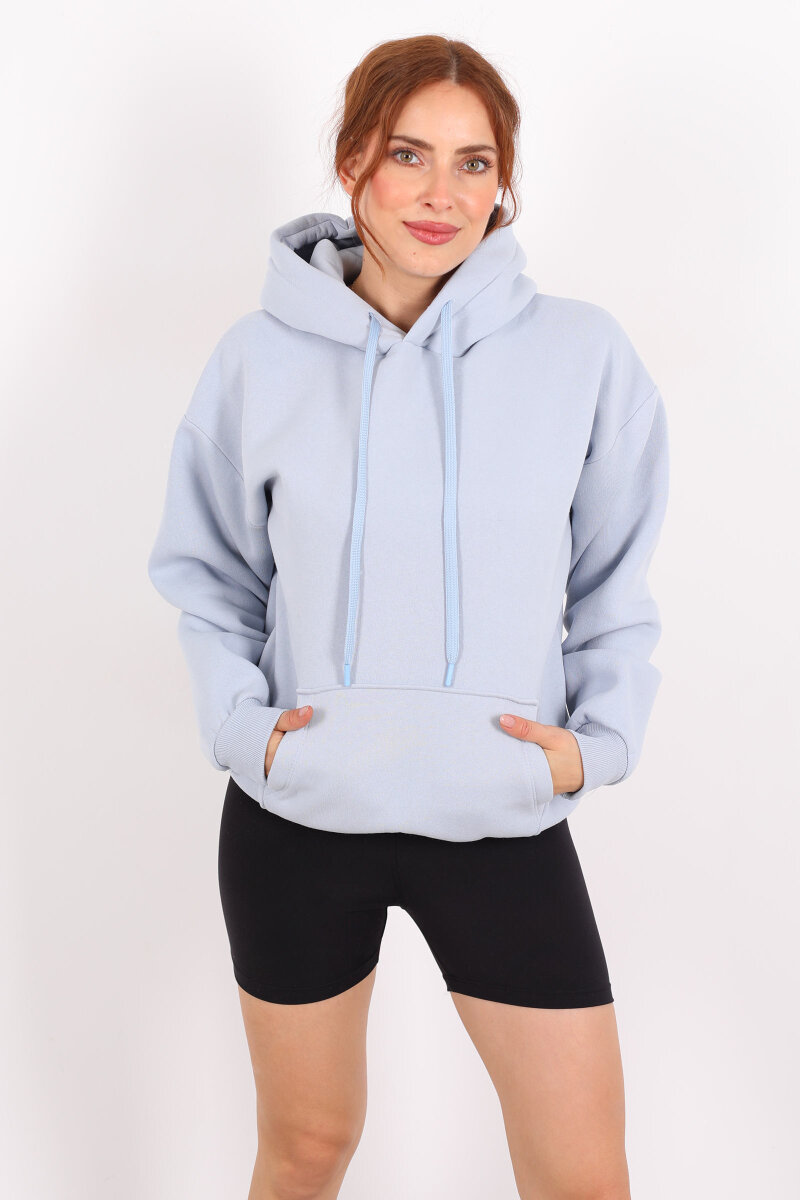 Kapüşonlu Kanguru Cepli Bebe Mavi Kadın Sweat - 4
