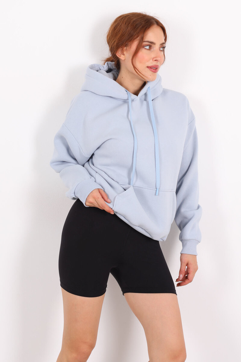 Kapüşonlu Kanguru Cepli Bebe Mavi Kadın Sweat - 3