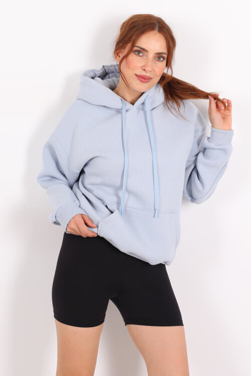 Kapüşonlu Kanguru Cepli Bebe Mavi Kadın Sweat 