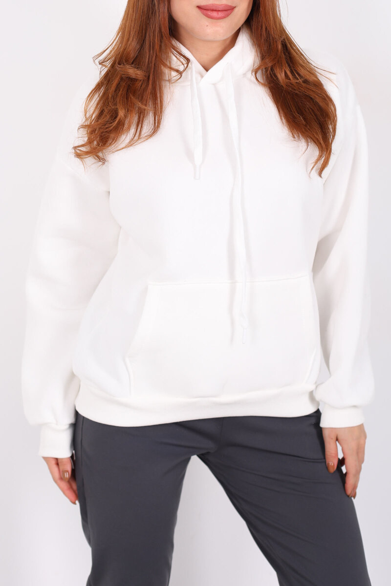 Kapüşonlu Kanguru Cepli Beyaz Kadın Sweat - 2
