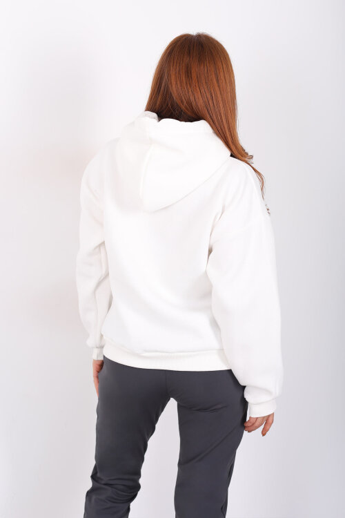 Kapüşonlu Kanguru Cepli Beyaz Kadın Sweat - 4