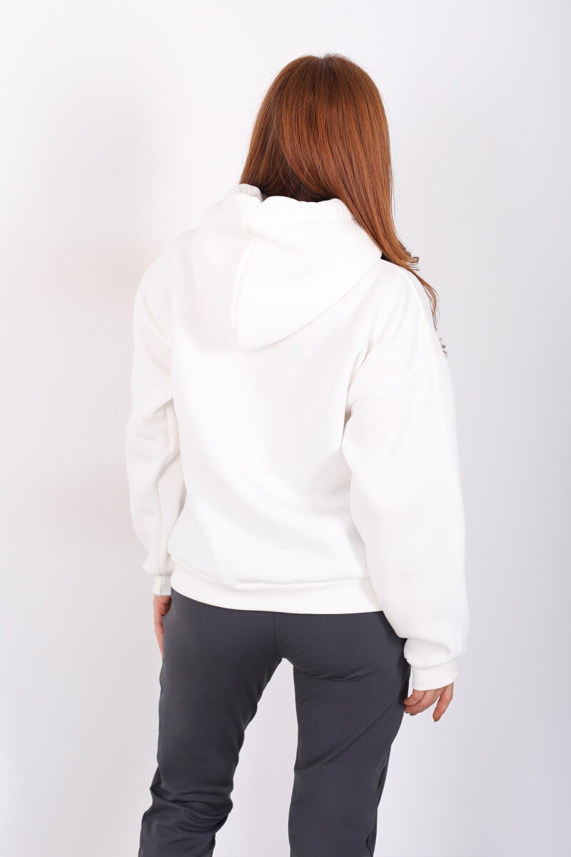 Kapüşonlu Kanguru Cepli Beyaz Kadın Sweat - 4