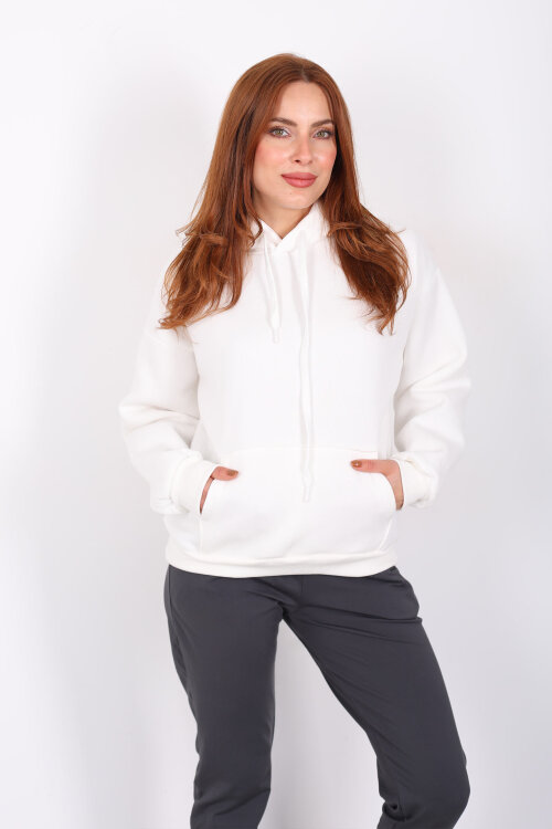 Kapüşonlu Kanguru Cepli Beyaz Kadın Sweat - 3