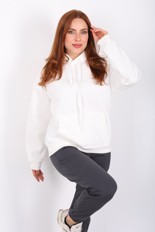 Kapüşonlu Kanguru Cepli Beyaz Kadın Sweat - Berox
