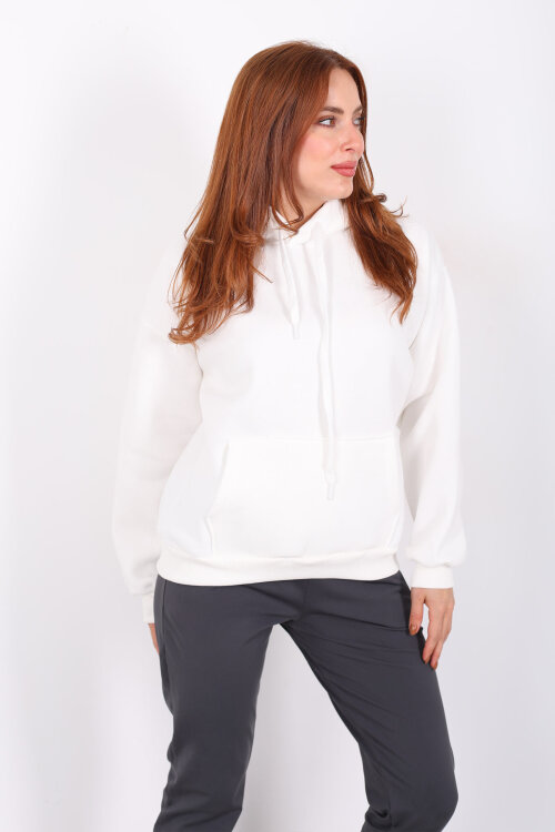 Kapüşonlu Kanguru Cepli Beyaz Kadın Sweat - 5
