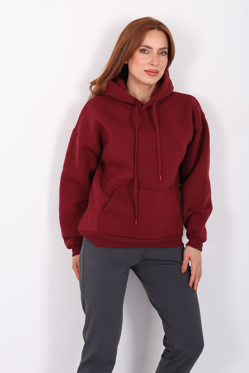 Kapüşonlu Kanguru Cepli Bordo Kadın Sweat - 5