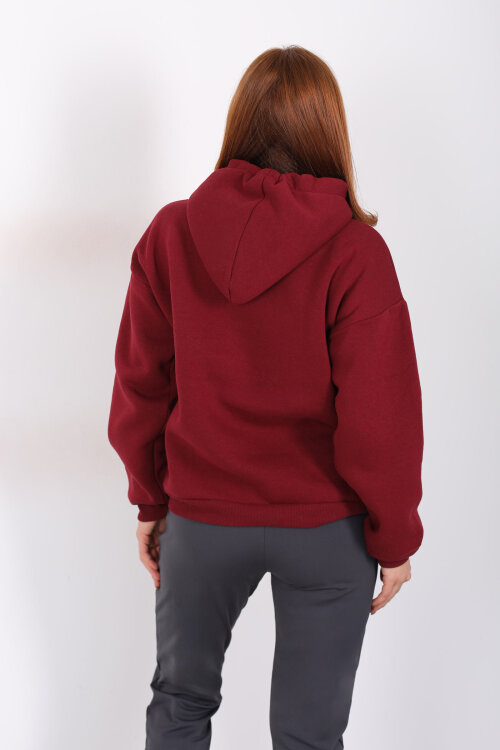 Kapüşonlu Kanguru Cepli Bordo Kadın Sweat - 4