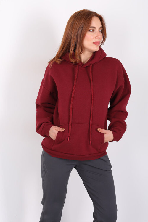 Kapüşonlu Kanguru Cepli Bordo Kadın Sweat - Berox