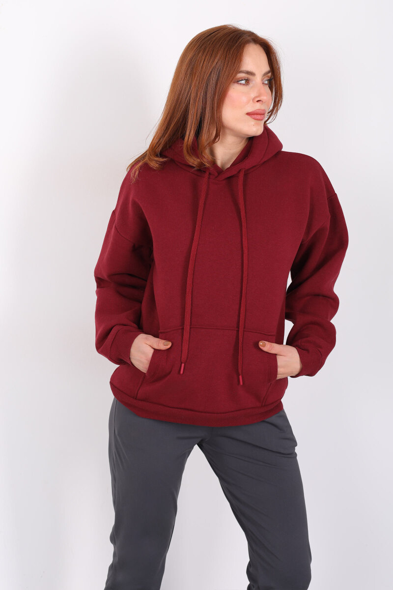 Kapüşonlu Kanguru Cepli Bordo Kadın Sweat - 1