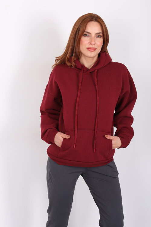 Kapüşonlu Kanguru Cepli Bordo Kadın Sweat - 3
