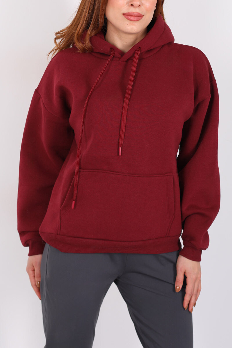 Kapüşonlu Kanguru Cepli Bordo Kadın Sweat - 2