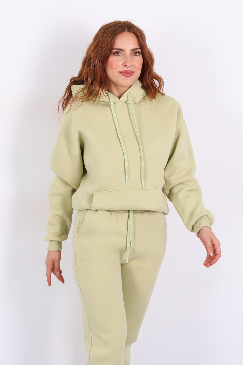 Kapüşonlu Kanguru Cepli Fıstık Yeşili Kadın Sweat - 1