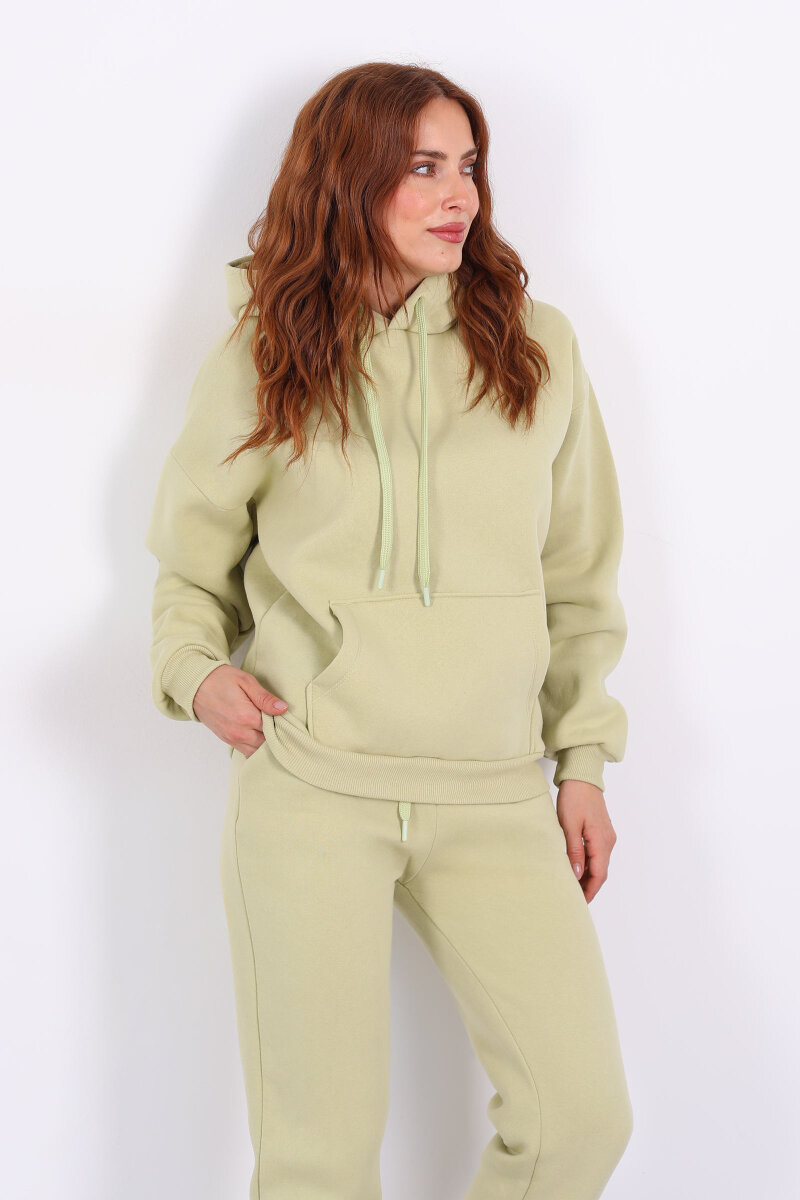 Kapüşonlu Kanguru Cepli Fıstık Yeşili Kadın Sweat - 3