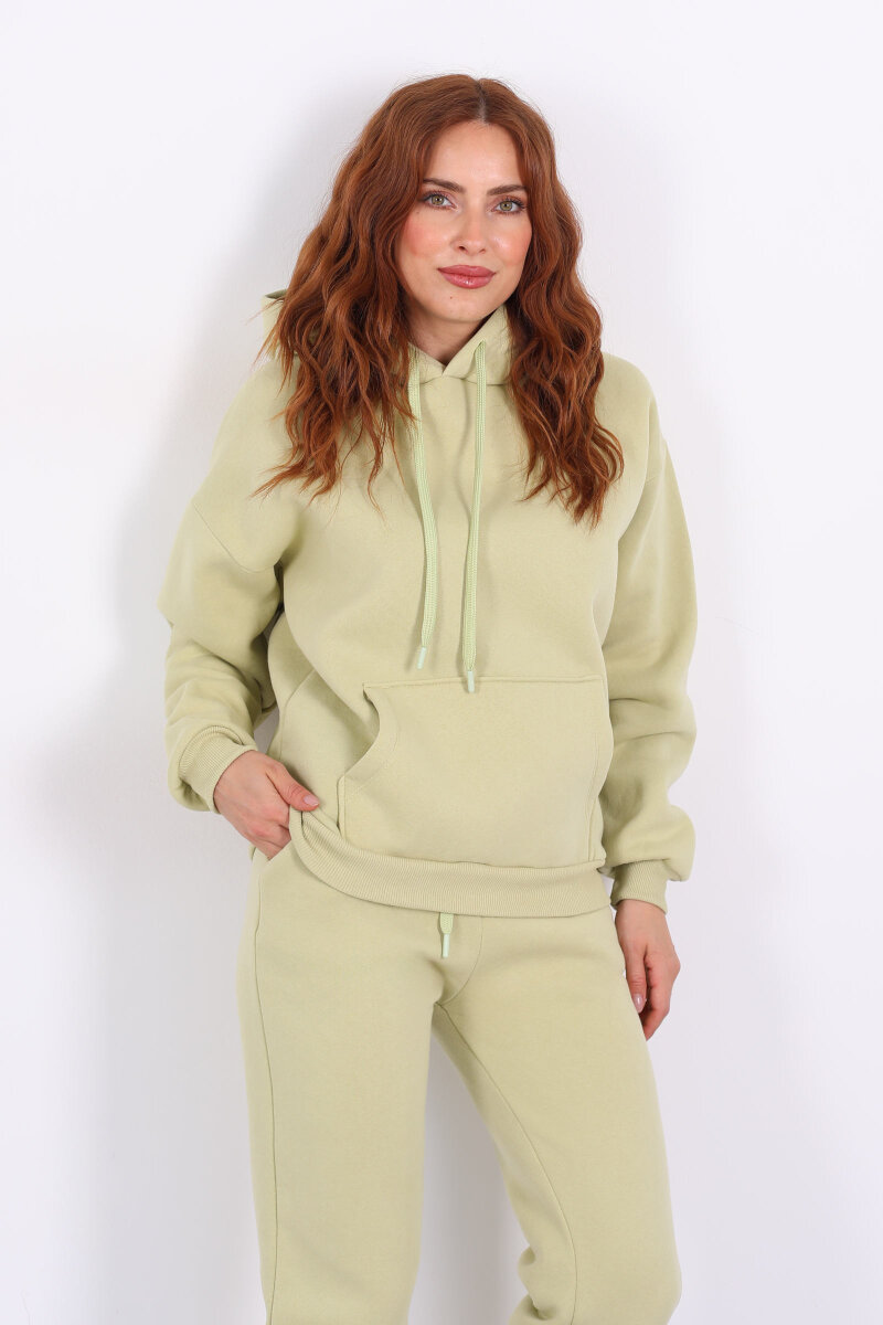 Kapüşonlu Kanguru Cepli Fıstık Yeşili Kadın Sweat - 4