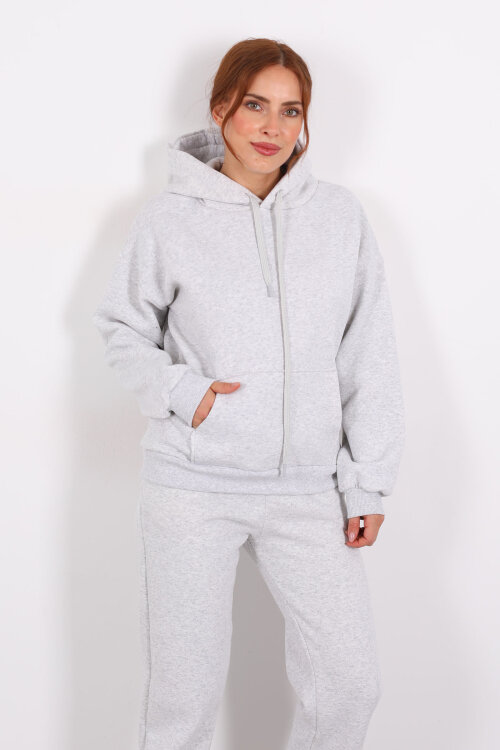 Kapüşonlu Kanguru Cepli Gri Melanj Kadın Sweat 