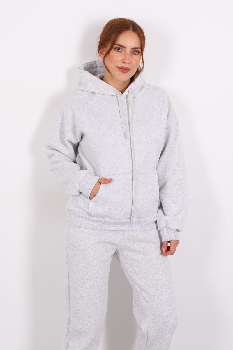 Kapüşonlu Kanguru Cepli Gri Melanj Kadın Sweat - 1