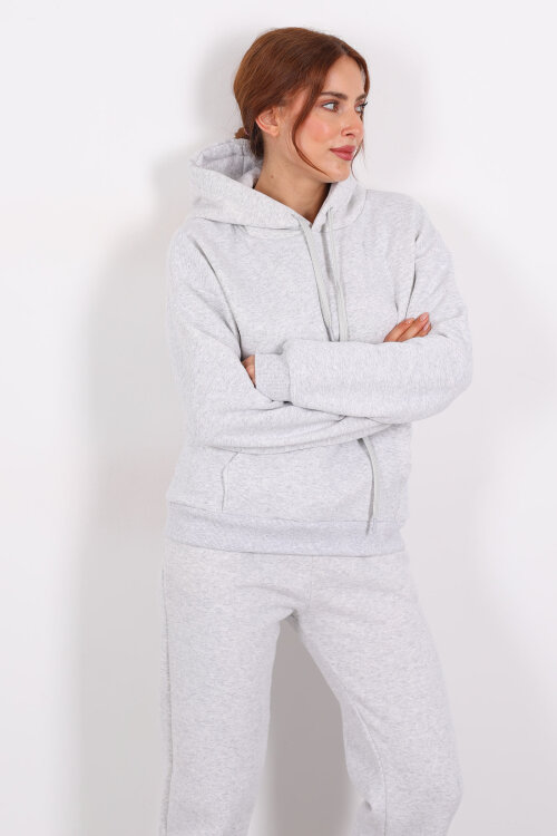 Kapüşonlu Kanguru Cepli Gri Melanj Kadın Sweat - 3