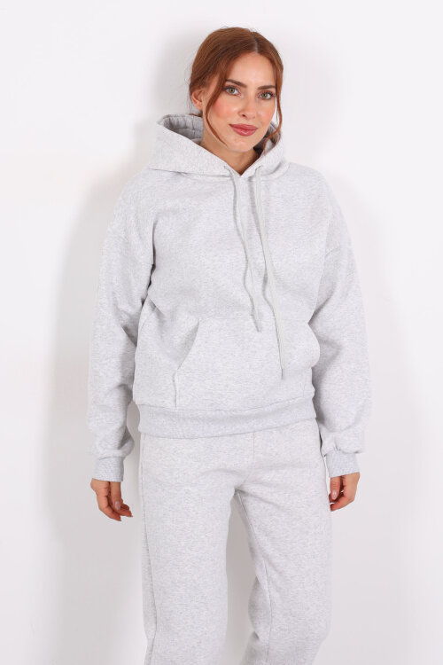 Kapüşonlu Kanguru Cepli Gri Melanj Kadın Sweat - 4