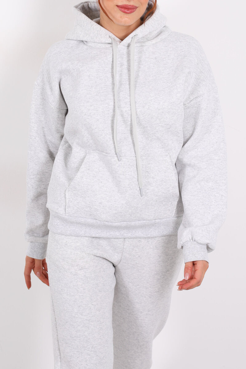 Kapüşonlu Kanguru Cepli Gri Melanj Kadın Sweat - 2