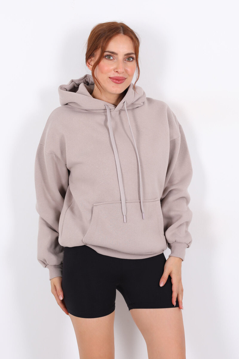 Kapüşonlu Kanguru Cepli Vizon Kadın Sweat - 5