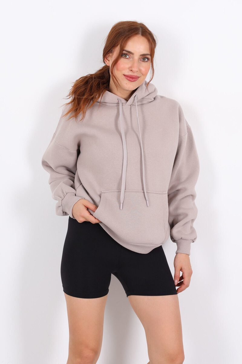 Kapüşonlu Kanguru Cepli Vizon Kadın Sweat - 2