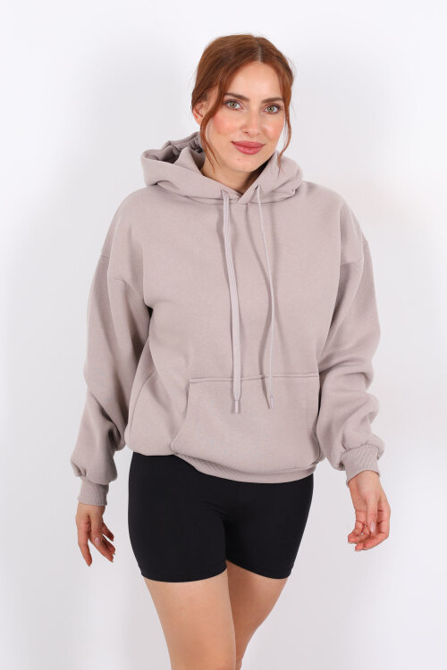 Kapüşonlu Kanguru Cepli Vizon Kadın Sweat - 3