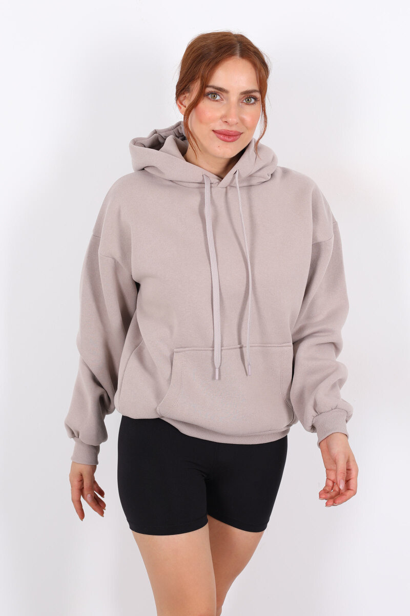 Kapüşonlu Kanguru Cepli Vizon Kadın Sweat - 3