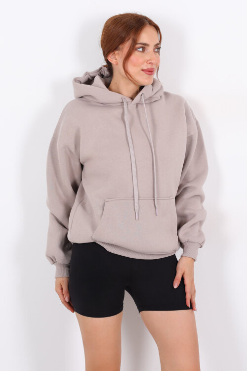 Kapüşonlu Kanguru Cepli Vizon Kadın Sweat 