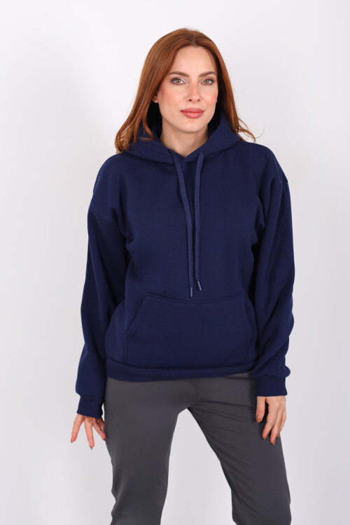 Kapüşonlu Kanguru Cepli Lacivert Kadın Sweat - 5