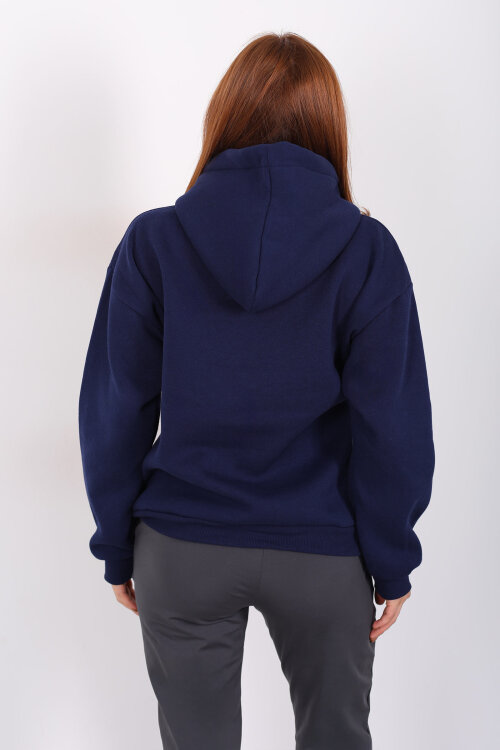 Kapüşonlu Kanguru Cepli Lacivert Kadın Sweat - 4