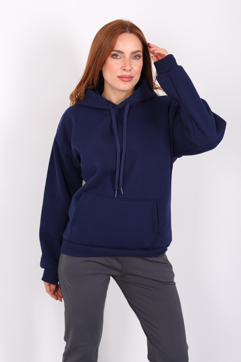 Kapüşonlu Kanguru Cepli Lacivert Kadın Sweat - 1