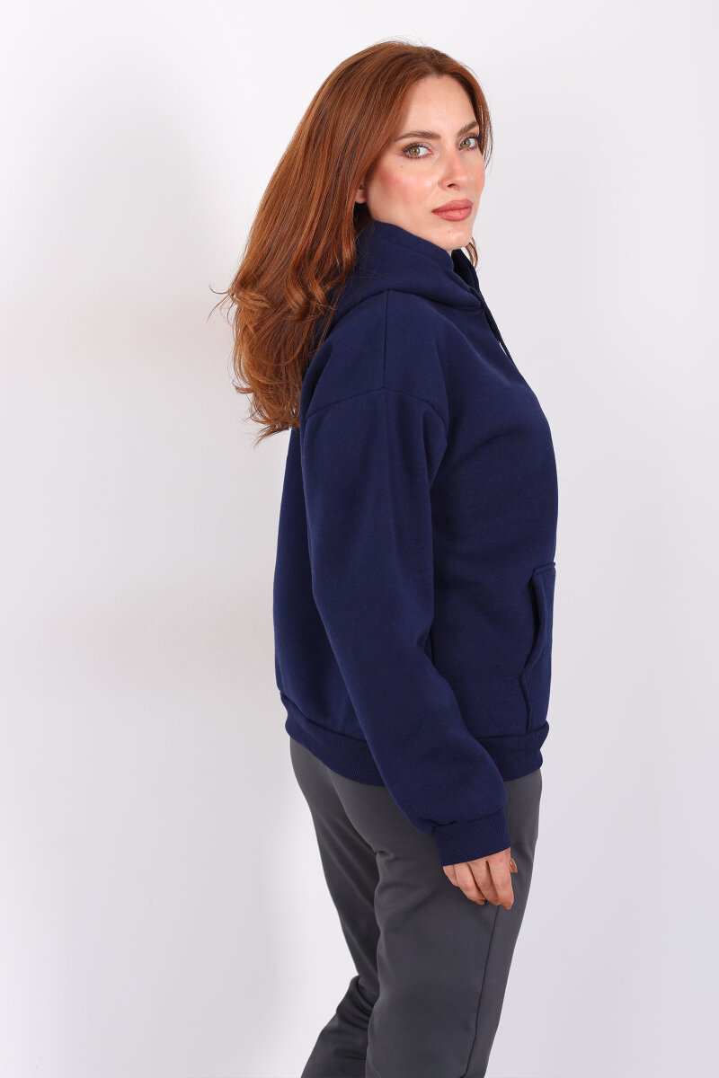 Kapüşonlu Kanguru Cepli Lacivert Kadın Sweat - 2