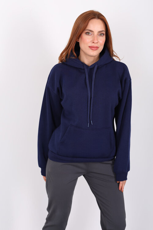Kapüşonlu Kanguru Cepli Lacivert Kadın Sweat - 3