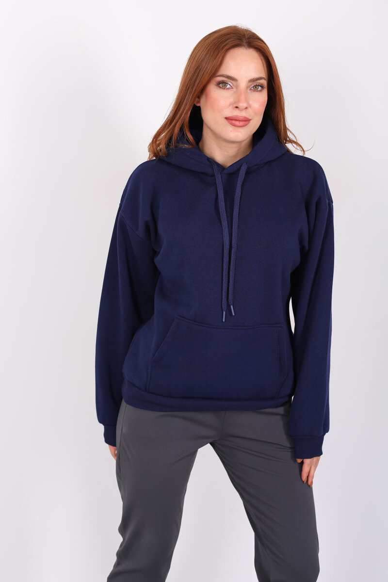Kapüşonlu Kanguru Cepli Lacivert Kadın Sweat - 3