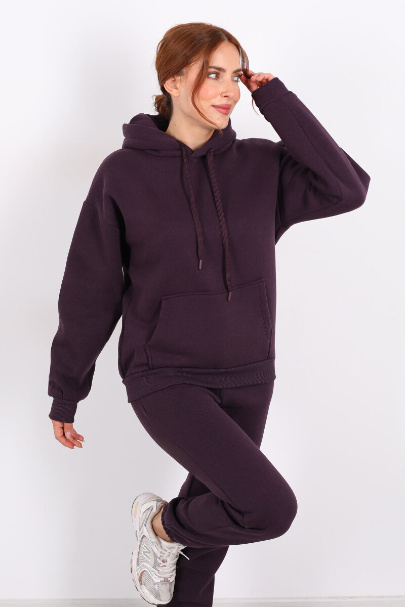 Kapüşonlu Kanguru Cepli Mor Kadın Sweat - 1