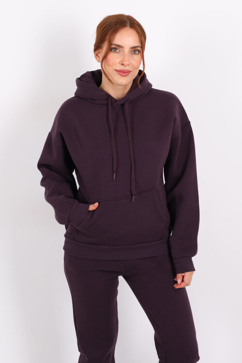 Kapüşonlu Kanguru Cepli Mor Kadın Sweat - 4