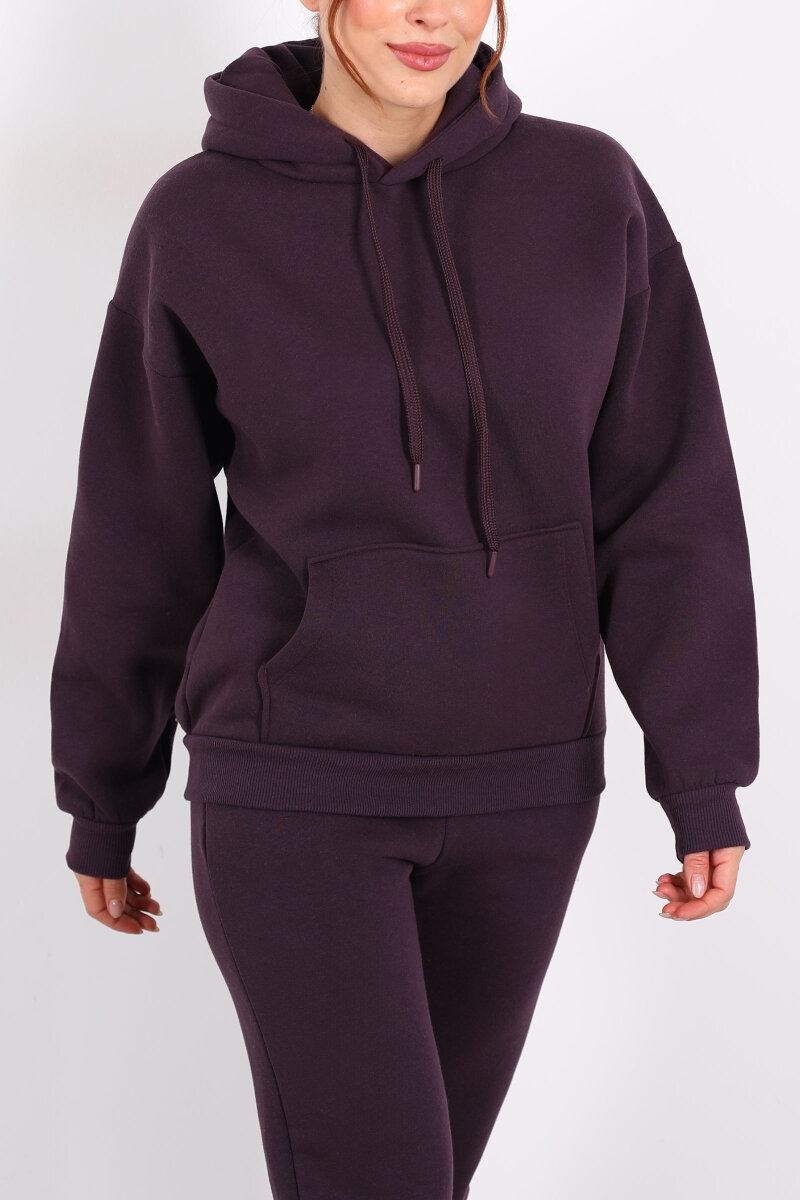 Kapüşonlu Kanguru Cepli Mor Kadın Sweat - 2